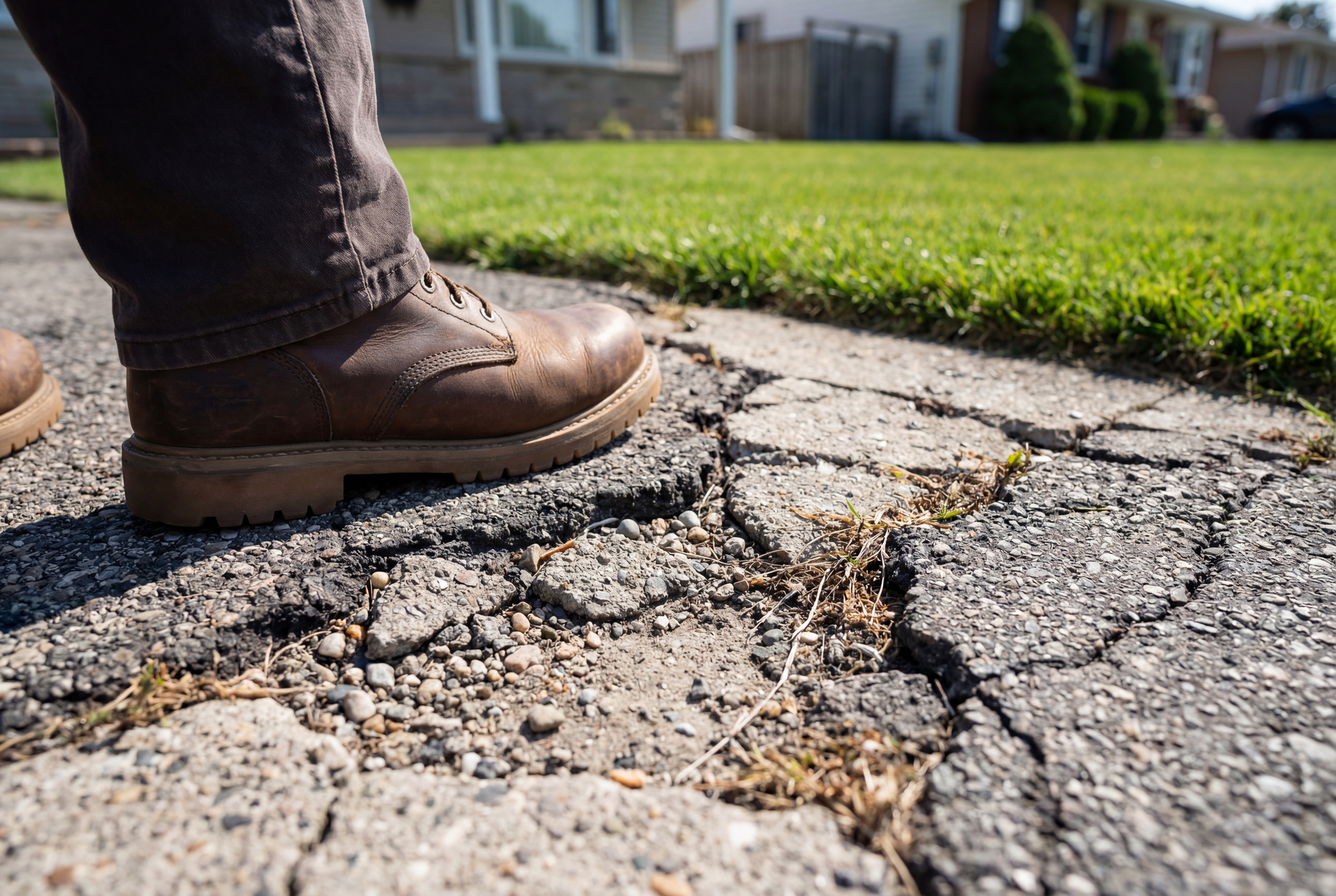 Work boot standing on a cracked and broken asphalt driveway in need of repair and unsafe Driveway Repair Solutions